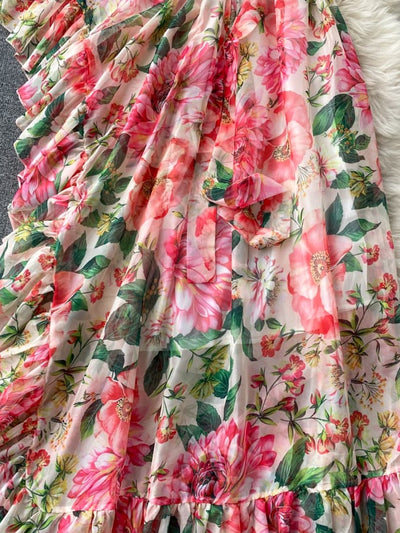 Floral Print One Shoulder Ruffles Maxi Dress