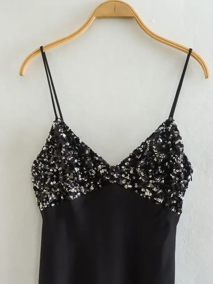 Spaghetti Strap Sequins Satin Maxi Dress