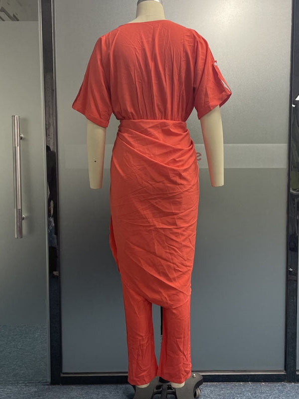 Casual V Neck Short Sleeve Jumpsuit Style Coord Set