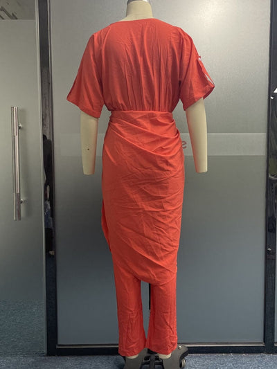 Casual V Neck Short Sleeve Jumpsuit Style Coord Set