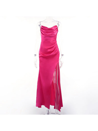 Fuchsia Pink Tube Top Pleated Slit Satin Maxi Dress