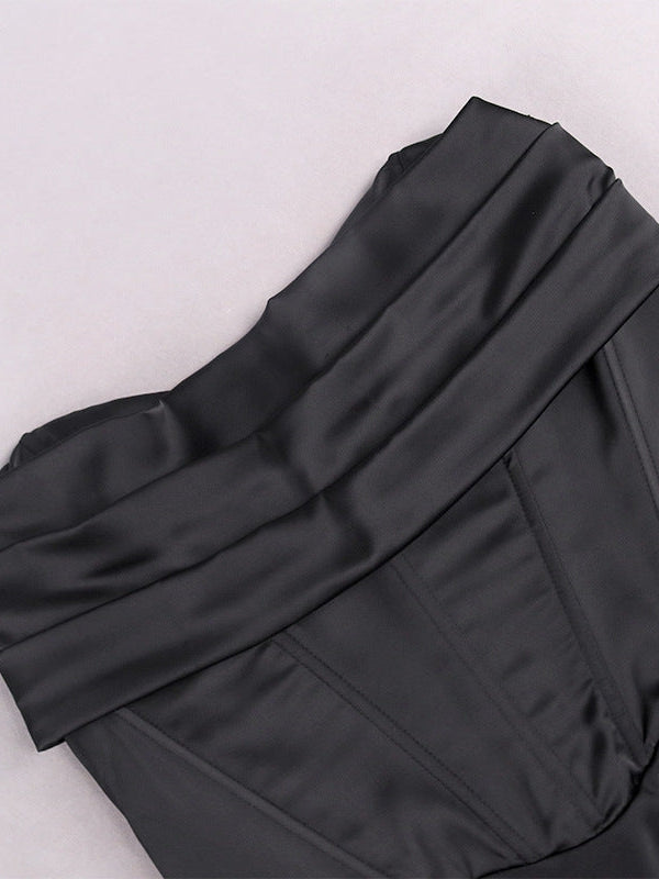 Black Satin Fold Split Hip Tube Corset Dress