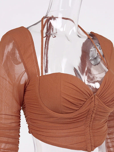 Mesh See through Square Collar Crop Pleated Top