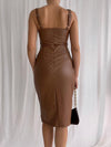 PU Leather Pleated Slit Slimming Dress