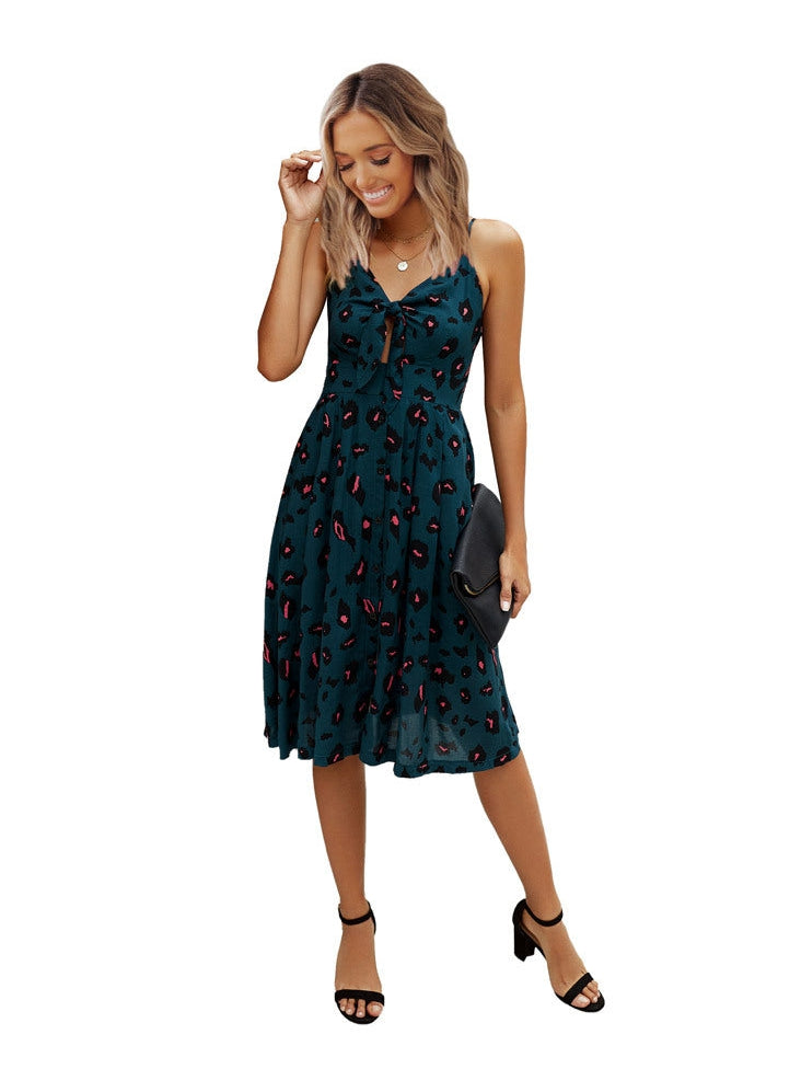 V Neck Spaghetti Strap Leopard Print Midi Dress