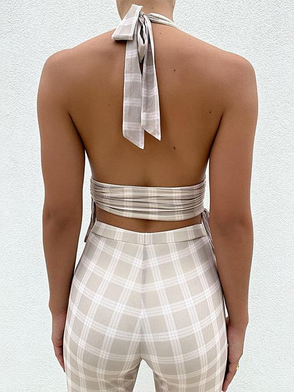 Halter Crop Top and Flare Pants Plaid coord Set