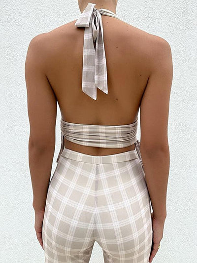 Halter Crop Top and Flare Pants Plaid coord Set