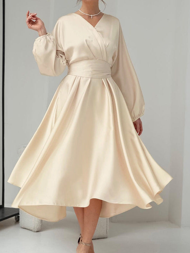 Satin Puff Sleeve Waist Fit Dress