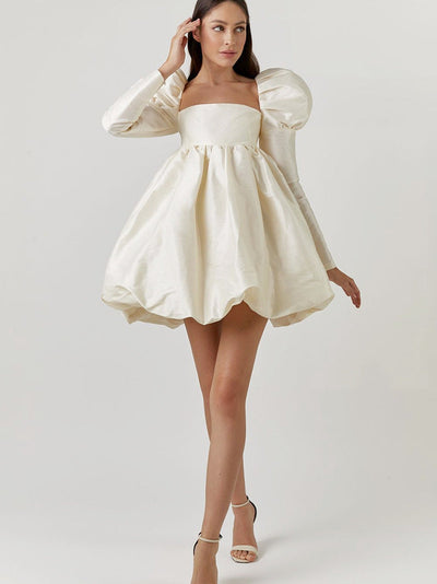 Ice Silk Square Collar Puff Sleeve French Satin Dress
