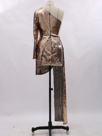 Golden One Shoulder Sequins Slim Dress