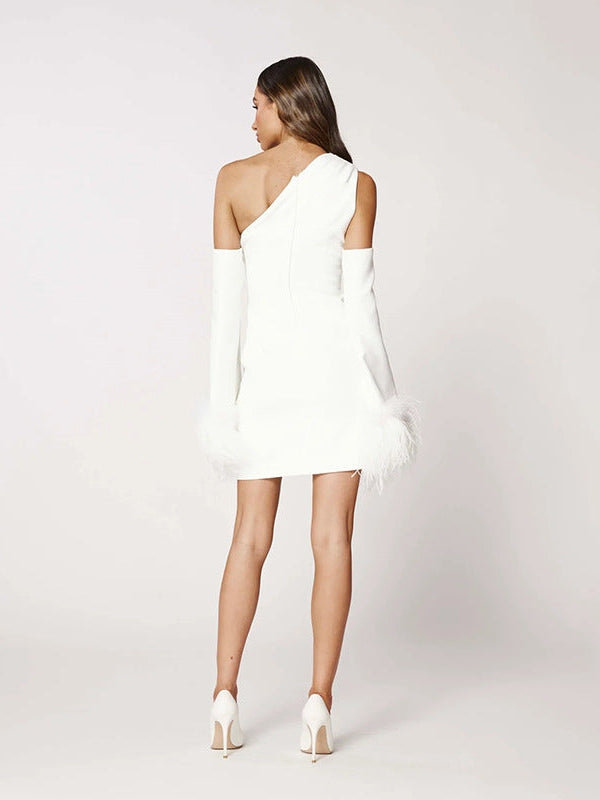 One Shoulder Feather Sleeves Short Dress