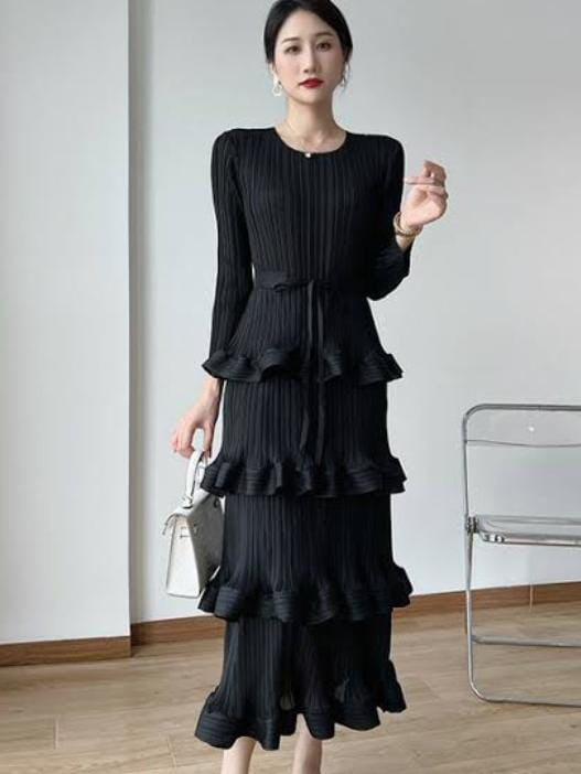 Pleated Ruffle Maxi Dress with Belt