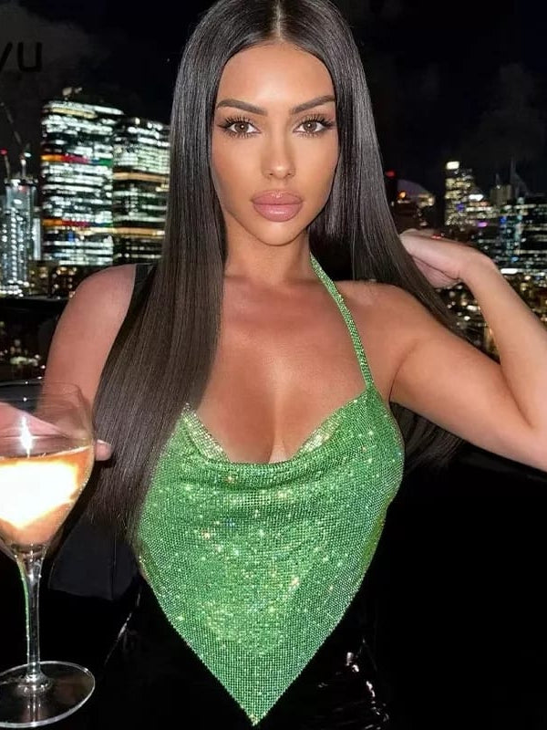 Halterneck Rhinestone Backless Top