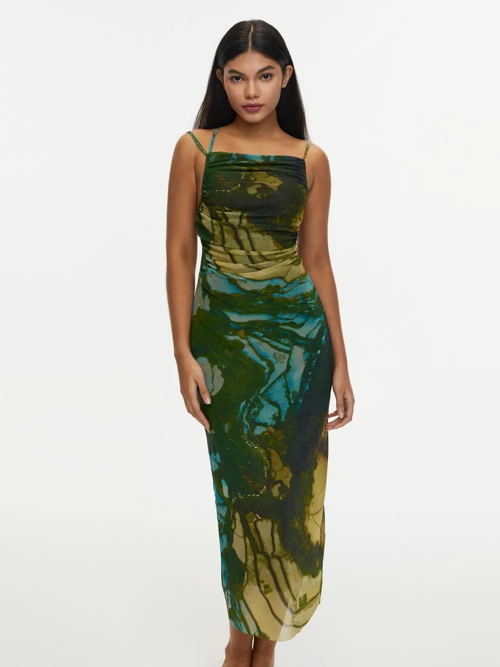 Floral Print Backless Ruched Tulle Dress