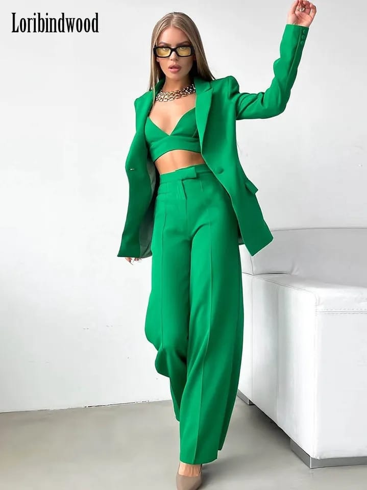 Green 3 Piece Blazer Bikini Crop & Pants Coord Set