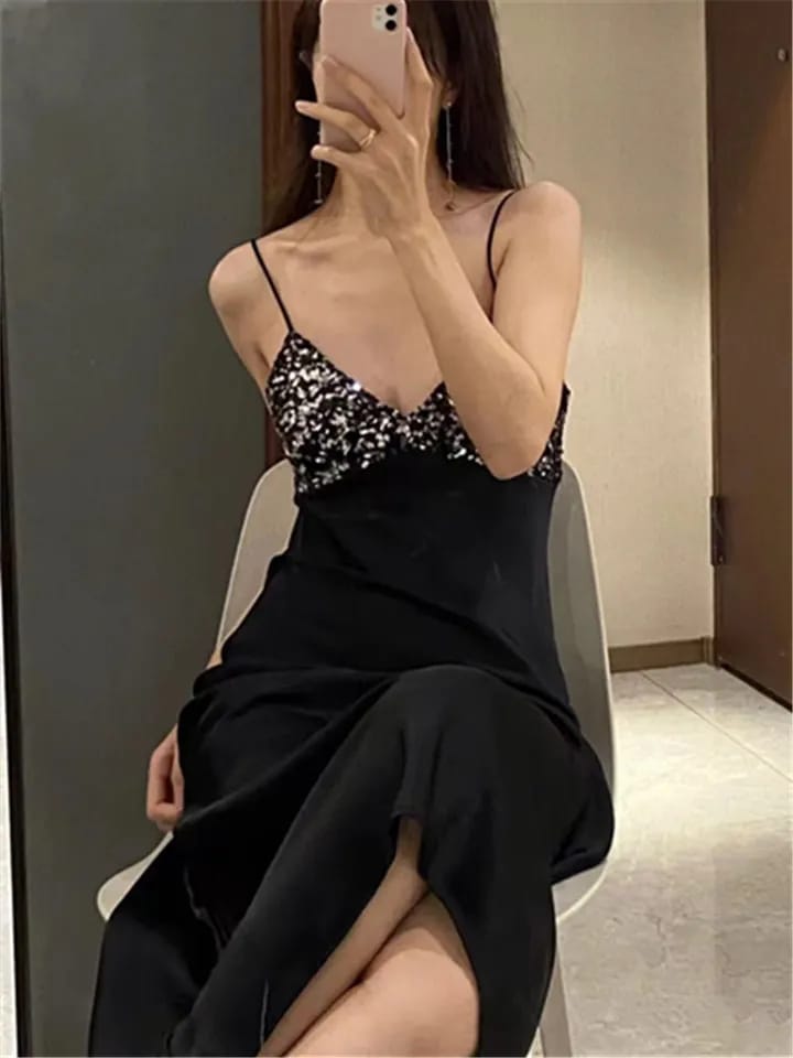 Spaghetti Strap Sequins Satin Maxi Dress