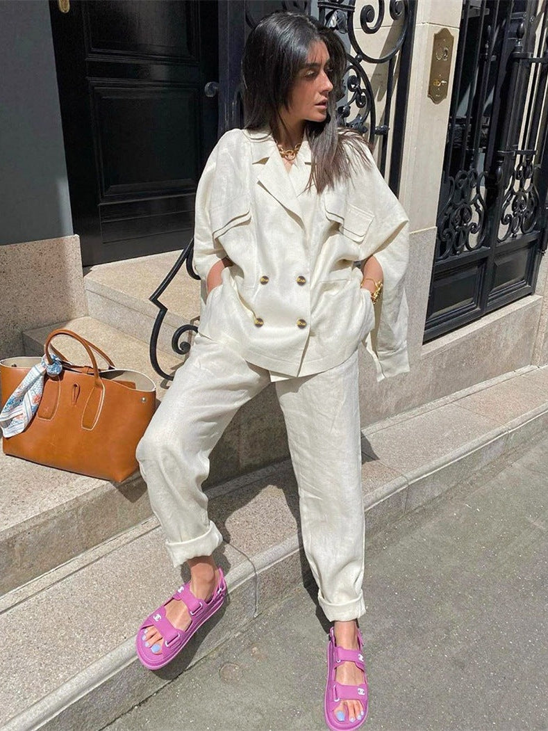 Black Oversized Fit Linen Blazer Pattern Shirt & Pants Coord Set