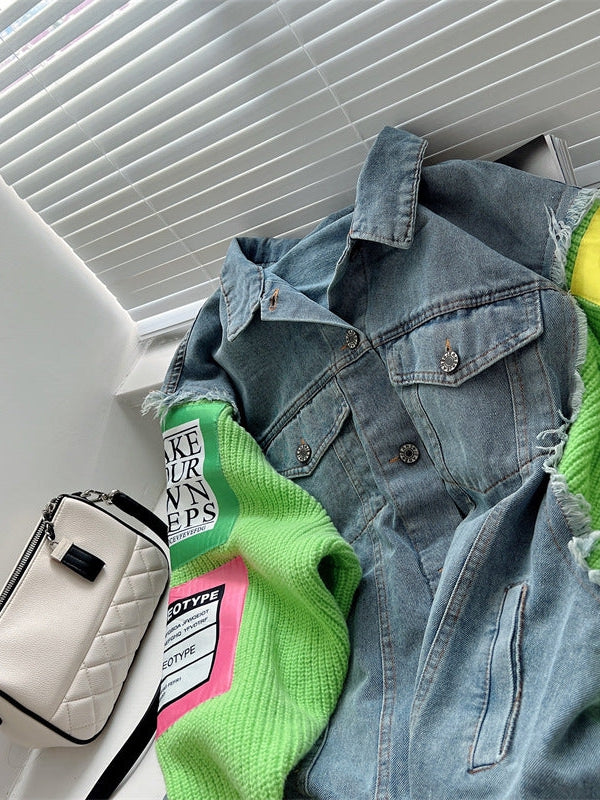 Patch Denim Jacket with Woolen Sleeves