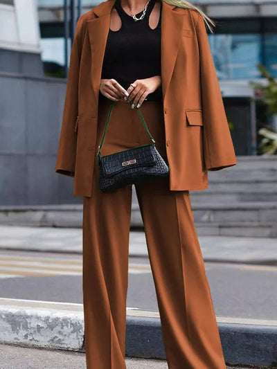 Brown Blazer Coat with Wide Leg Pants Coord Set