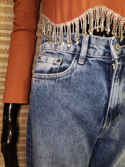 Blue High Waist Wide Leg Distressed Denim Pants