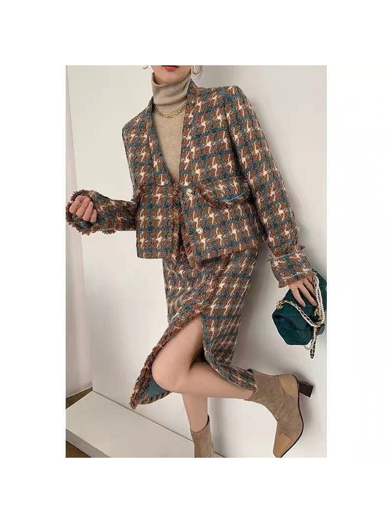 V Neck Tweed Blazer & Slit Skirt Coord Set