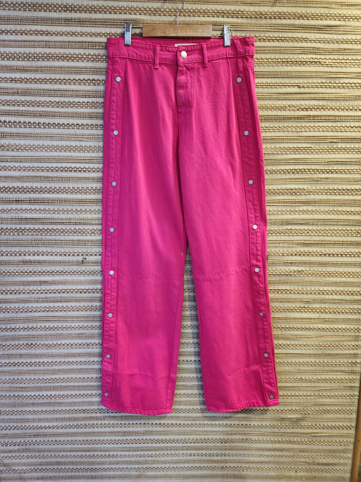 Fuchsia Pink High Waist WIde Leg Denim Button Pants