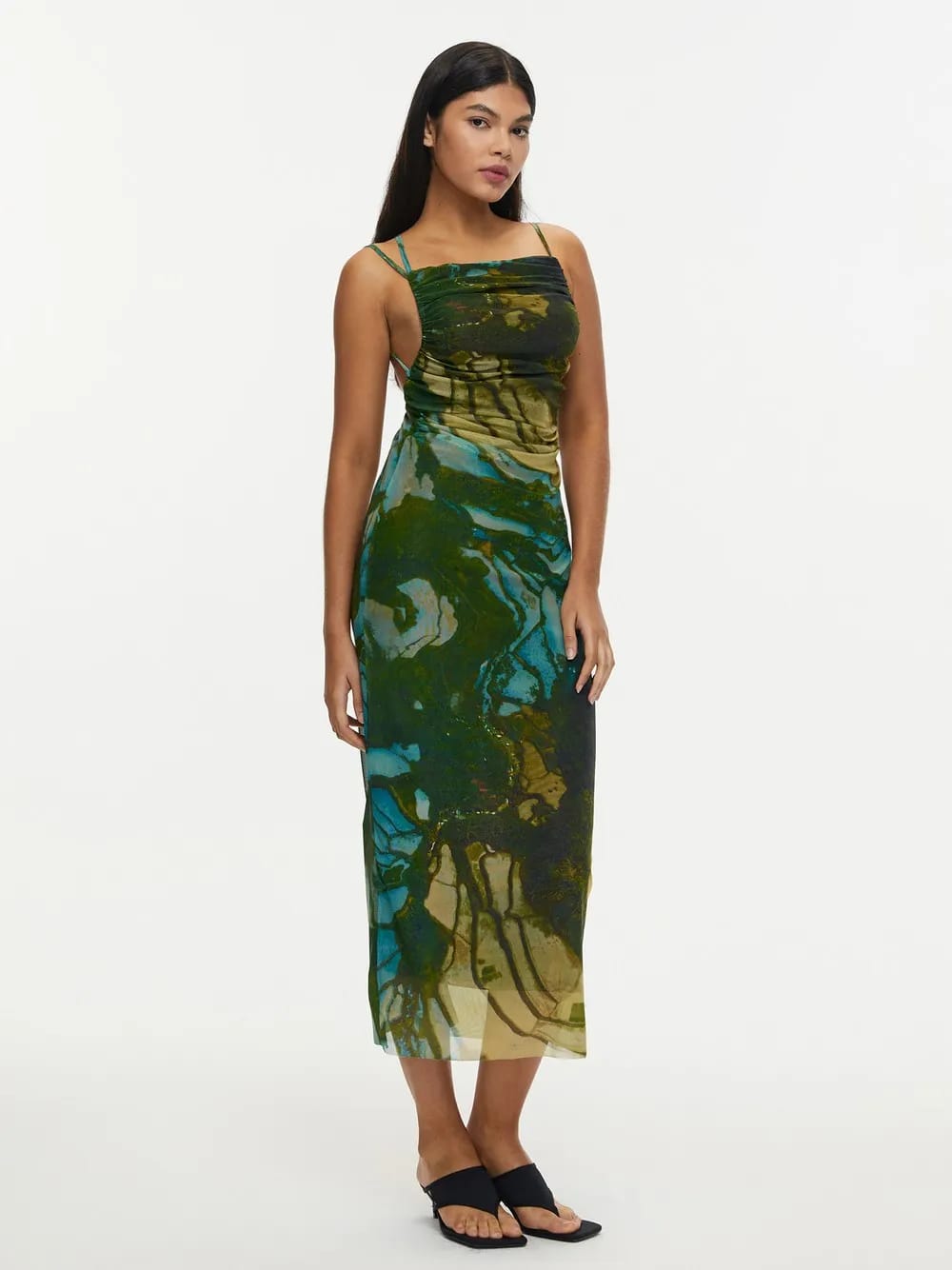 Floral Print Backless Ruched Tulle Dress