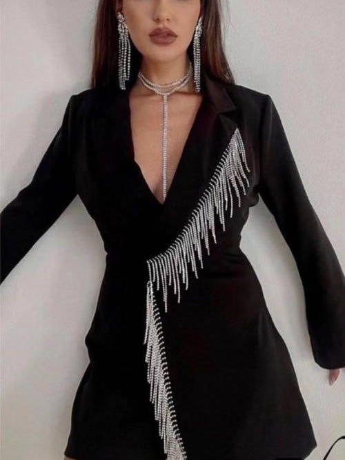 Black Rhinestone Tassel Blazer Dress