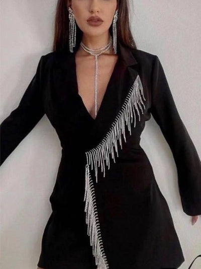 Black Rhinestone Tassel Blazer Dress