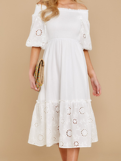Off Shoulder Cutout Embroidery Cotton Dress