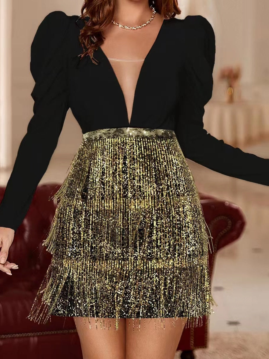 Velvet Sequins Tassel Dress