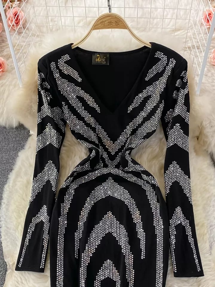 Rhinestone V Neck Dress with Mesh Sleeves
