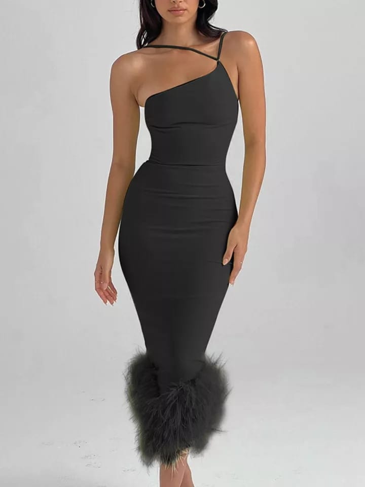 Black One Shoulder Halter Neck Feather Dress