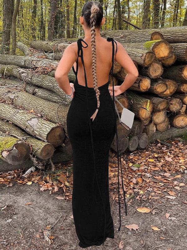 Black Cowl Neck Backless Maxi Dress