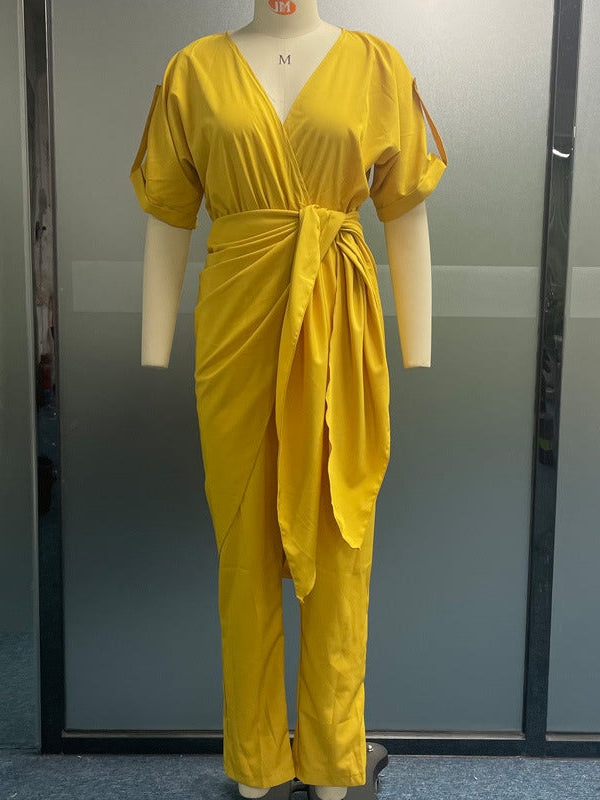 Casual V Neck Short Sleeve Jumpsuit Style Coord Set