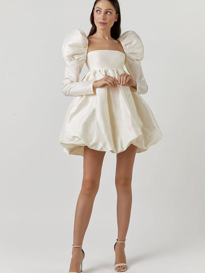 Ice Silk Square Collar Puff Sleeve French Satin Dress