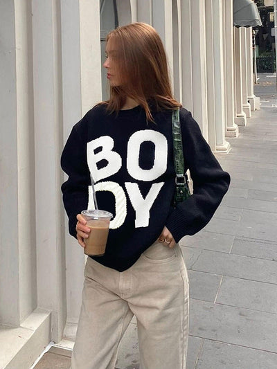 Knitted Boy Letter Print Oversized Sweater Top