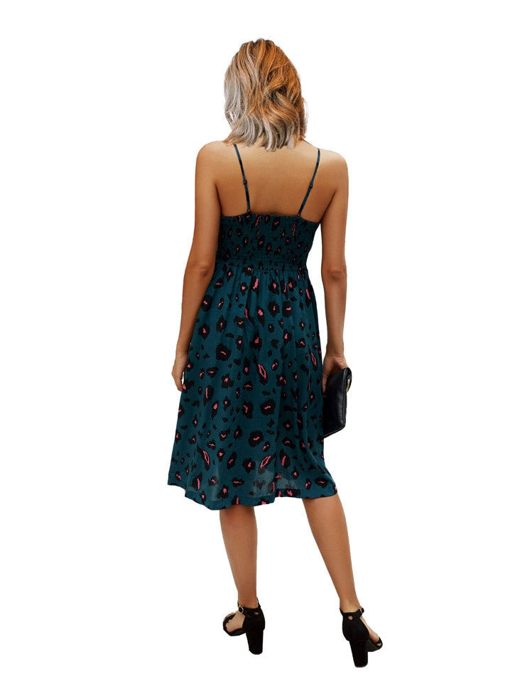 V Neck Spaghetti Strap Leopard Print Midi Dress
