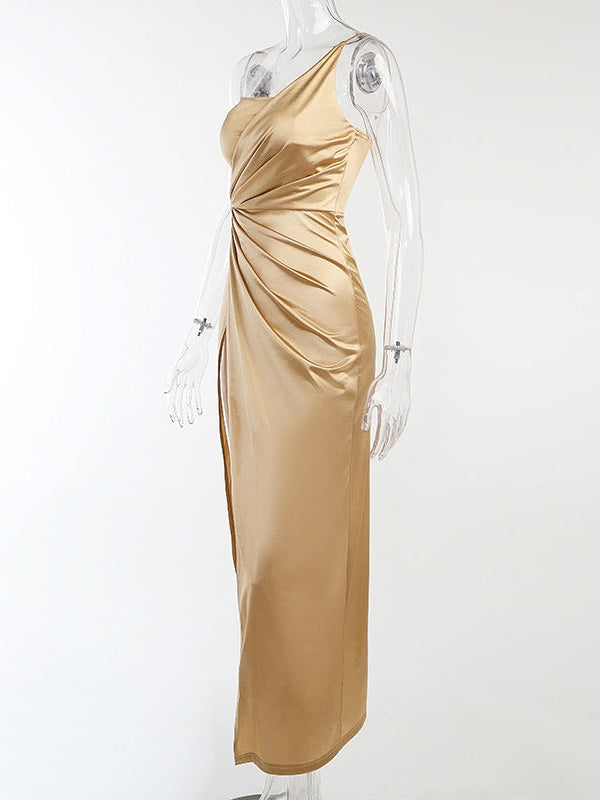 One Shoulder High Waist Slit Maxi Boning Corset Dress