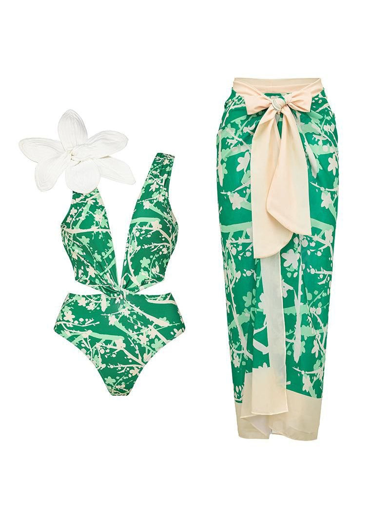 Applique Flower Patch Bikini Set with Skirt