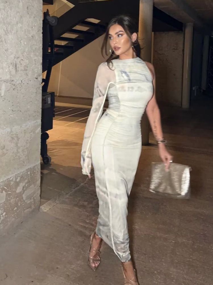 One Shoulder Ruched Mesh Tulle Dress