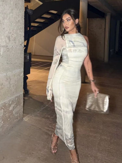 One Shoulder Ruched Mesh Tulle Dress