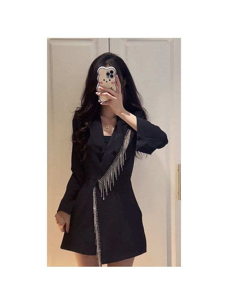 Black Rhinestone Tassel Blazer Dress