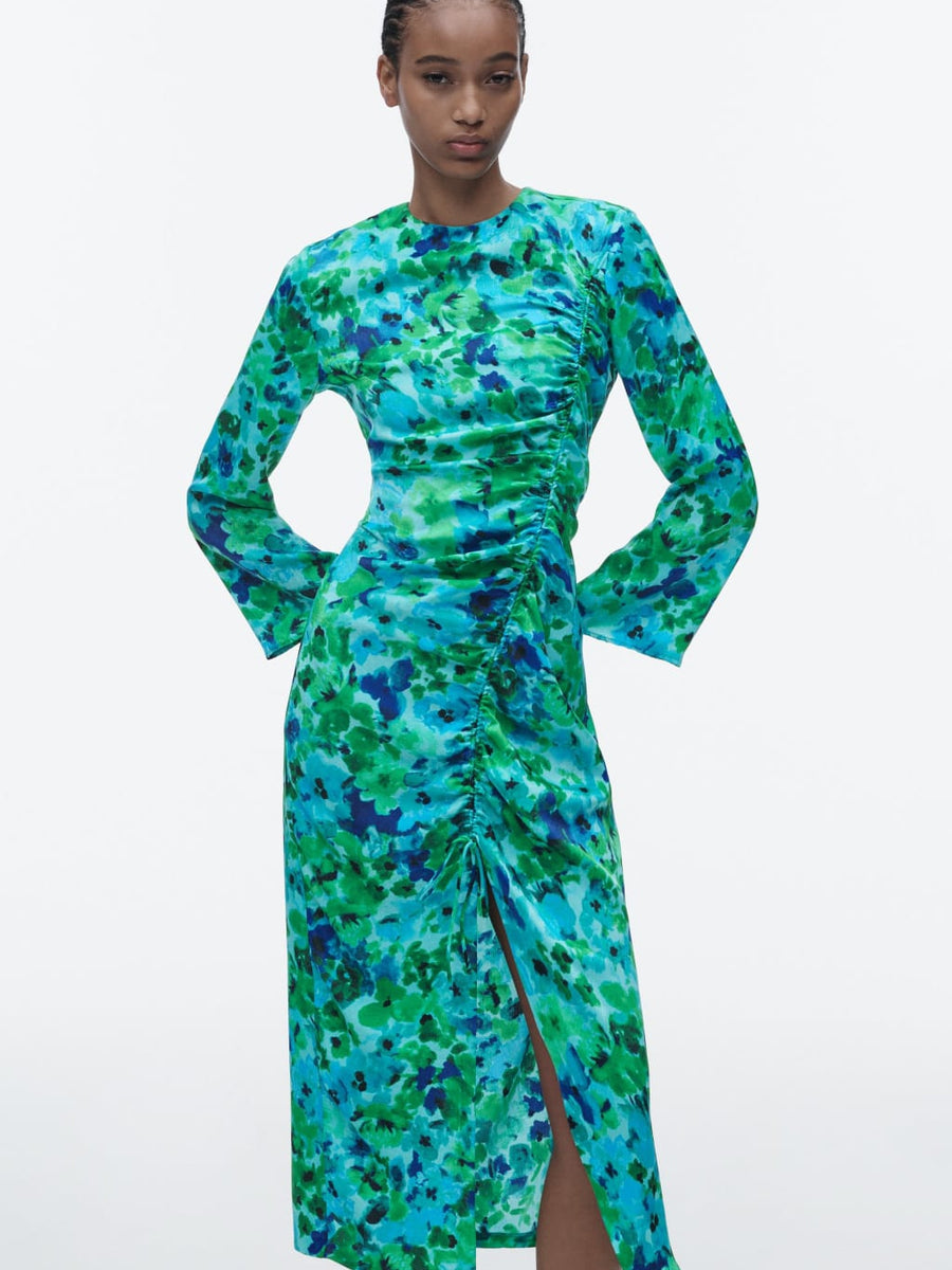 Green Floral Print Ruched Dress