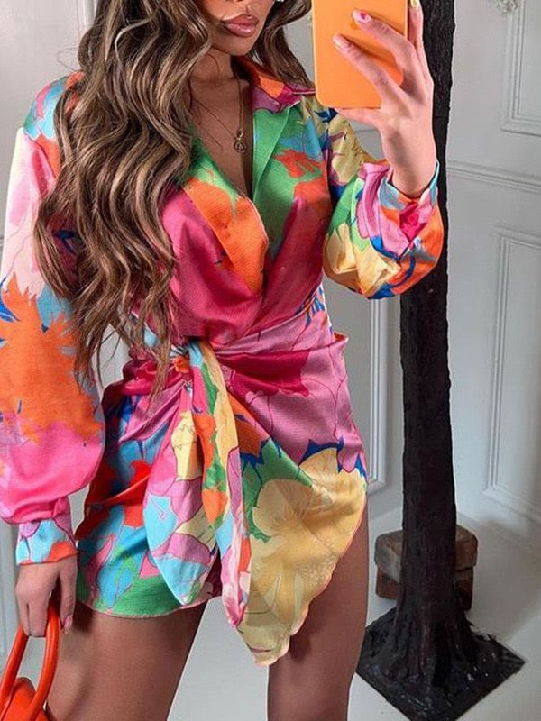 Tie & Dye Print Wrap Short Dress