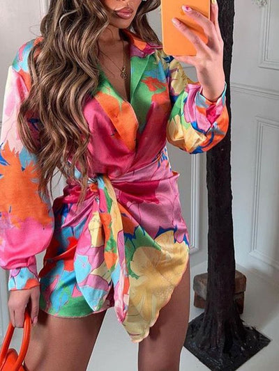 Tie & Dye Print Wrap Short Dress