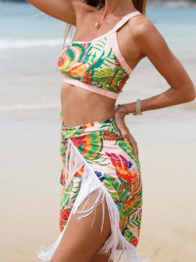 Tropical Print Bikini Top Shorts Tassel  Skirt
