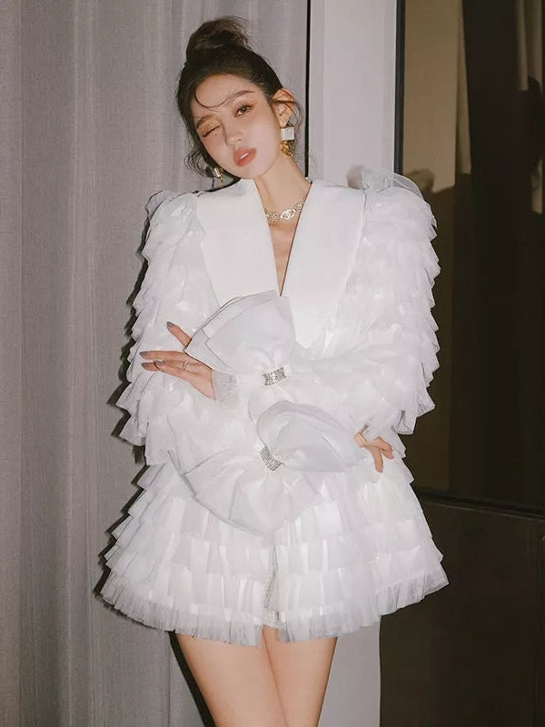 White Ruffles Blazer Dress