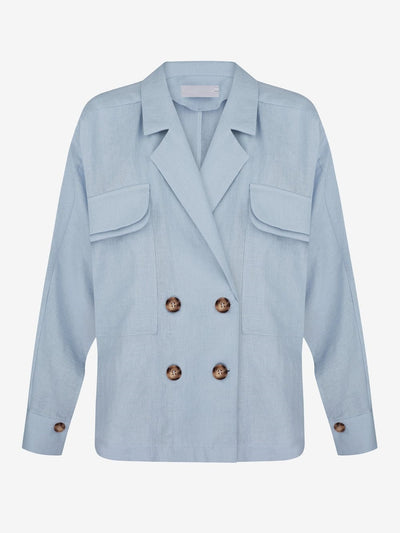 Blue Oversized Fit Linen Blazer Pattern Shirt & Pants Coord Set