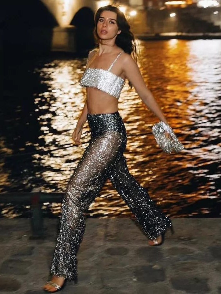 Black Sequins Rhinestone Diamond Studded Pants